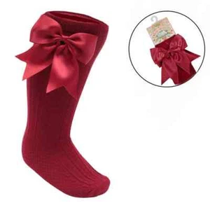 Baby Girls Knee High Satin Bow Socks Burgundy Soft Touch 0-24 Months UK - Picture 1 of 2