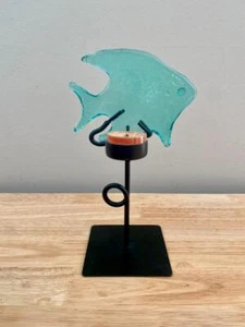 Aqua Blue Glass Fish on Stand Votive Holder Black Metal Stand - Picture 1 of 1