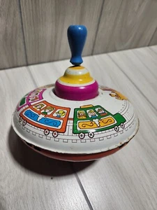 Vintage Tin Toy Spinning Top Ohio Art Train Wood Handle Metal - Picture 1 of 9