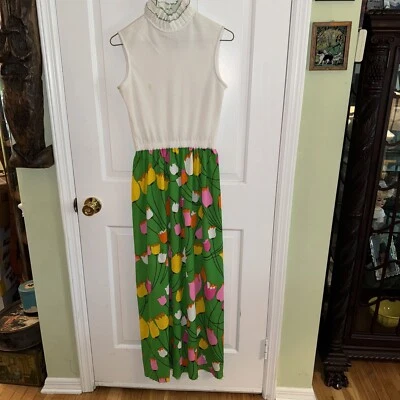 Maxi Vestido De Colección Años 60/70 Saks 5th Ave/Verano Floral Tulipanes Colorido Sin Mangas 12 Foto 1 de 4