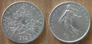 FRANCE 5 FRANCS 1962 Silver Semeuse Free Ship World Franc Frcs Frc - Picture 1 of 3