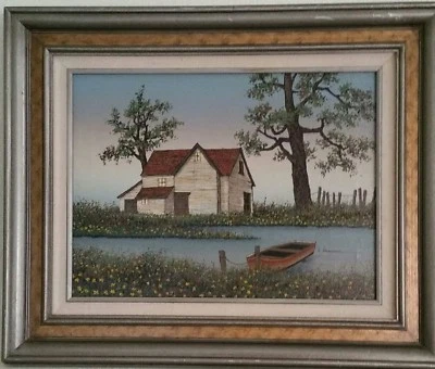 H. Hargrove 1984 Original Oil Painting "Lakehouse." Artist signed.  - Image 1 of 4