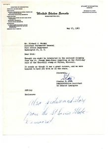 signed 1965 letter by Stanley Fike to Asst. Postmaster General Richard J. Murphy - Picture 1 of 3