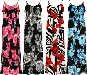 Plus Size Ladies Womens Floral Print Sleeveless Summer Frill Strappy Maxi Dress - Picture 1 of 14