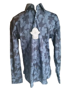 New Visconti Black Men's Long Sleeve Shirt Geo Houndstooth Cotton Navy S - Picture 1 of 9