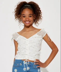 NWT Girls Size L / LARGE (12/14) Blouse White Blue Mini Floral Royal Ruched Top - Picture 1 of 2