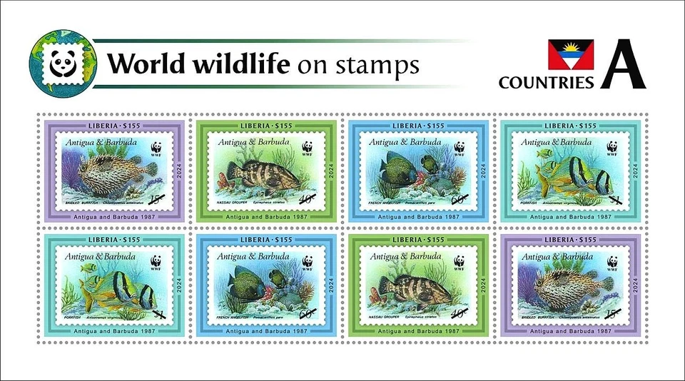 ANIMALES FAUNA Antigua peces estampillas en sellos WWF 8v hoja de sellos (2024 Liberia) Foto 1 de 1