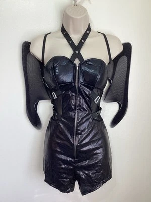 Black Sexy Halloween Fancy Dress Costume Outfit XS 8 Latex Wings Fever Bat Devil - Image 1 of 4