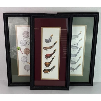 De colección Enmarcado Arte De Golf Impresiones Marty Fyne Conjunto De 3 Antiguos Palos De Golf Palos Decoración Foto 1 de 4