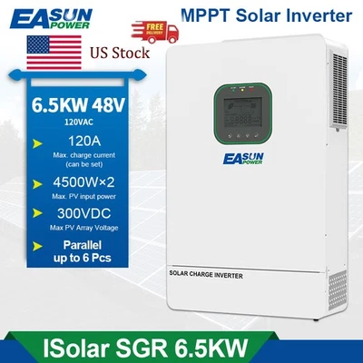 6.5KW 6500W Hybrid Solar Inverter 48V 150A 120V/240V MPPT Parallel BMS Wifi US - Image 1 of 4