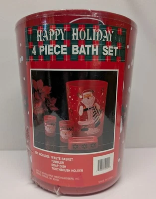 Y2K Happy Holiday 4 Piece Plastic Bath Set Santa Holly New Sealed - Image 1 of 4