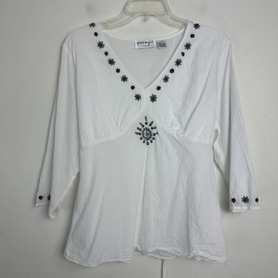 Y2K Boho Babydoll Top Beaded Embroidered XL Festival Peasant Western Tie Back - Image 1 of 4
