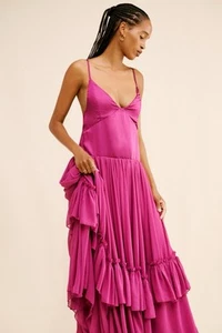 Free People Plum Soliana Drop Waist Satin Tiered Maxi Dress Size XL NWT - Picture 1 of 7