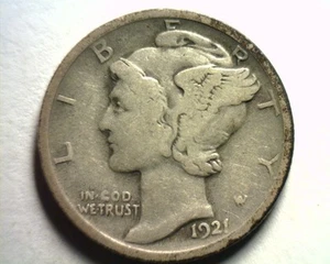 Moneda de diez centavos de mercurio 1921 muy fina + en muy buen estado + bonita moneda original bobs monedas envío rápido - Imagen 1 de 2