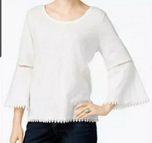 Style And Co White Blouse Size PS Bell Sleeves Crochet Trim 100% Cotton Boho - Picture 1 of 11