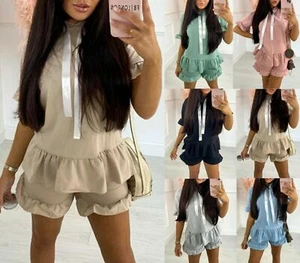Ladies Ribbon Co ord Set Women's Pleated Frill Peplum Hoodie Short Two Piece Set - Picture 1 of 13