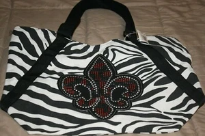 ZEBRA TOTE WITH STUDDED FLEUR-DE-LIS EMBLAM ON FRONT NEW BLACK/WHITE LADIES - Picture 1 of 4