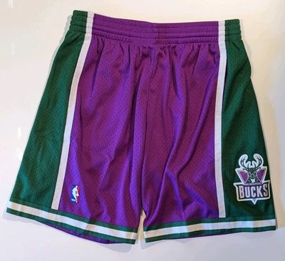 NBA Milwaukee Bucks Mitchell & Ness Purple Green Swingman Shorts L NWT $80 Rtl - Image 1 of 4