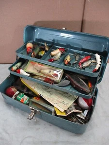 Vintage Metal 2-Tray Fishing Tackle Box FILLED w/ Vtg Tackle Lures & MORE! - Picture 1 of 19