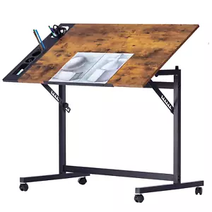 Adjustable Drafting Table on Wheels with Pencil Ledge for Artists, Brown - Picture 1 of 12