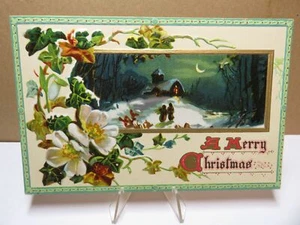 Frohe Weihnachten verschneite Landschaft und Wildblumen Postkarte 1910 - Bild 1 von 2