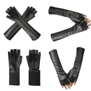 Black Leather Long Fingerless Gloves Women Costume Party Dance Halloween Arm - Afbeelding 1 van 9