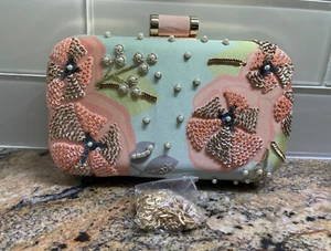 Mint Green Floral Print Embroidered Embellished Clutch, Party Purse New - Picture 1 of 2