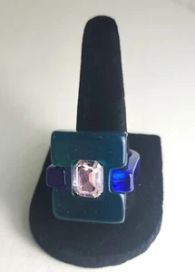 Awesome Square Thick Acrylic Geometric Mod 60s Inspired Ring Blue Green +Crystal - Picture 1 of 14