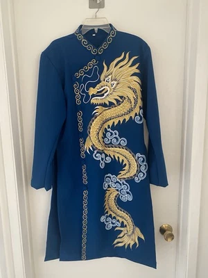 Vestido Vintage Tradicional Vietnamita Ao Dai Azul Dorado Dragón Pintado Años 60 Talla 48 Foto 1 de 4