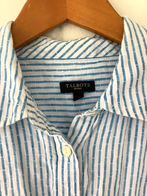 Talbots Shirt Long Sleeve MEDIUM PETITE Blue Stripe 100% Linen Cottagecore EUC - Image 1 of 4