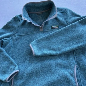 L.L. Bean Women’s Sweater Fleece Snap Pullover L Teal Blue Heather Gray Trim - Picture 1 of 13