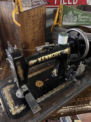 Kenmore Antique Hand Crank Sewing Machine Wooden Case Vtg Black Gold DKL Quality - Image 1 of 4
