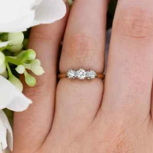 Art Deco Style Lab-Created Diamond Three-Stone Ring For Her 14K Yellow Gold FN - Picture 1 of 10