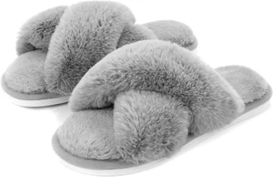 Women'S Fuzzy Slippers House Slippers Cross Band Slippers Indoor Outdoor Soft Op - Picture 1 of 12