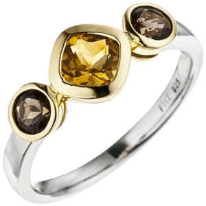 Anello Gialli Citrino Zwischen Rauchquarzen 925 Argento Oro Placcato Bicolore - Foto 1 di 1