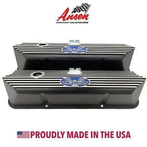 Ford FE Tall 390 American Eagle Valve Covers Black - Blue Logo - Ansen USA - Foto 1 di 10