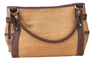 Vtg Fossil Straw Woven Shoulder/Hand Bag/Purse Striped Inside Multi Pockets