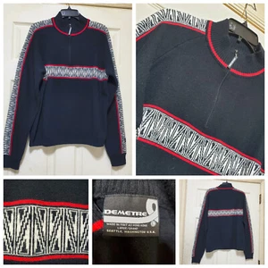 Demetre Sweater Mens Large Black Red Wool Blend Knit Ski Jumper Aztec Fair Isle - Picture 1 of 21