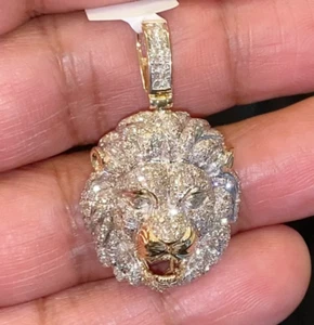 10K YELLOW GOLD 1.50 CARAT REAL DIAMOND 1.50 INCHES LION HEAD PENDANT CHARM - Picture 1 of 2