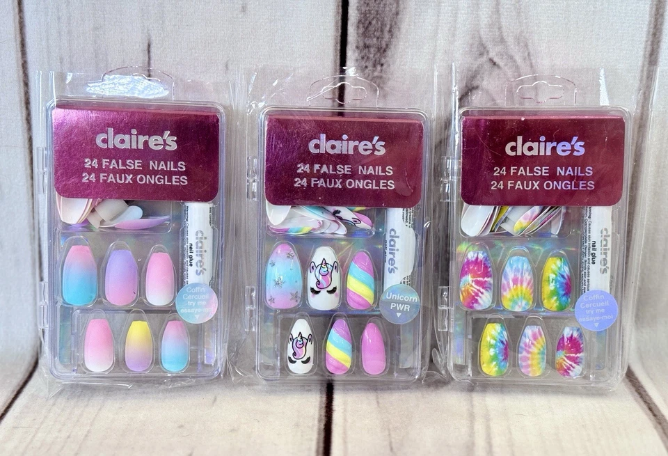 x3 NIB Claire's Faux Fake 24 Press Ons Nails Unicorn Ombre Matte Pastel Rainbow - Image 1 of 1