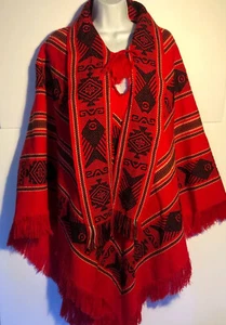 Vintage Otavalito handgestrickt gewebt Southwest Western Ethno rot Boho Poncho Cape Einheitsgröße - Bild 1 von 11