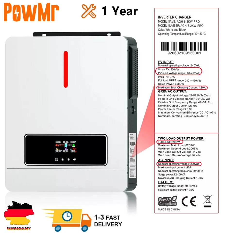 PowMr 6.2KW Hybrid Solar Inverter 48V 6200W MPPT 120A PV 60-450VDC Battery-Free