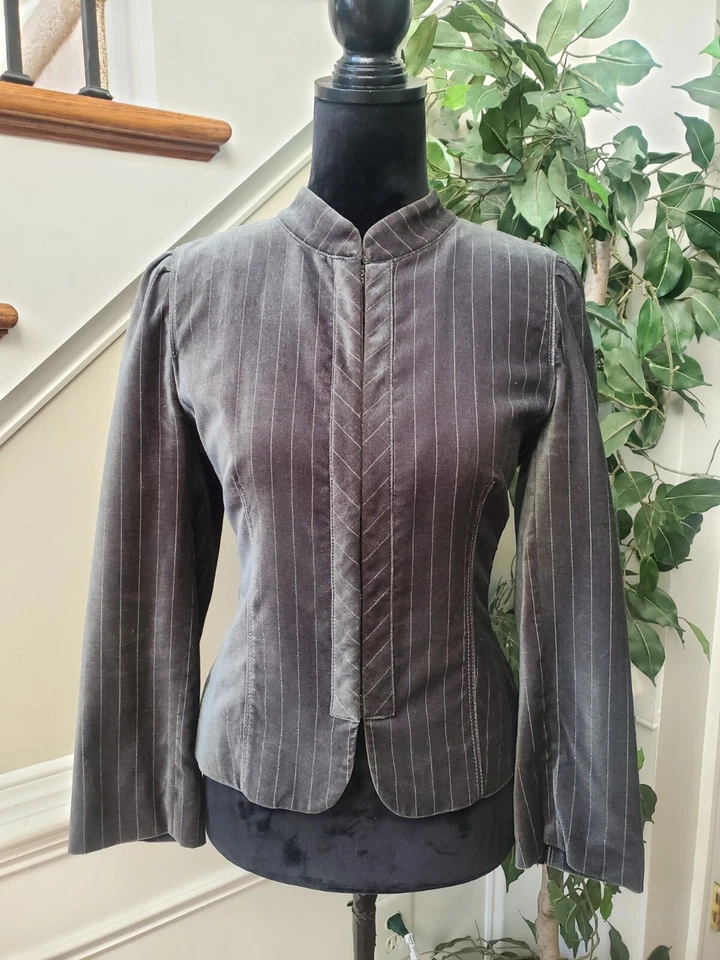 Chaqueta Blazer Loft Ann Taylor Gris Rayas Cuello Simulado Terciopelo Manga Larga Talla 6 Foto 1 de 4