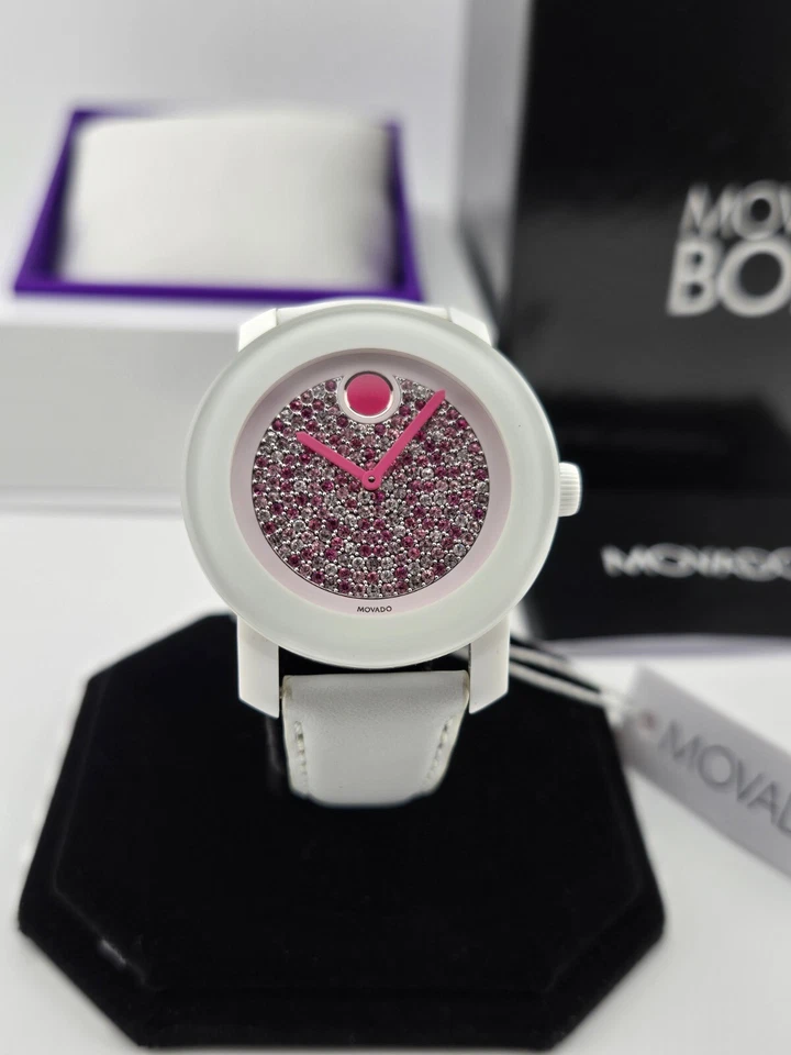 Movado Women's Bold Pink Crystal Dial White Leather Watch - 3600262 ($550 MSRP) - Image 1 of 4