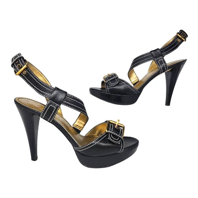 Zapatos de plataforma Marc Fisher Tacones 6 Cuero Negro Dorado Hebilla con tiras Stiletto Foto 1 de 4