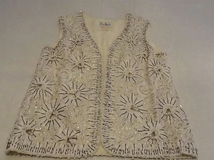 Jack Bryan Vintage 60s Beaded Vest Misses 14 Silver White Pearl Beading Boho LG - Picture 1 of 10