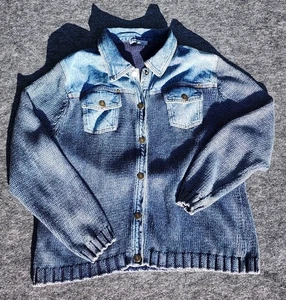 PBJ Blues Paris Fall Sweater Jacket Vintage Cable Knit Denim Y2K Retro M Snap - Picture 1 of 13