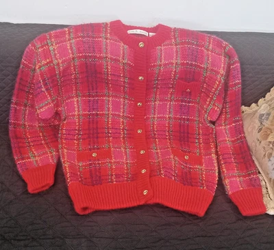 Vintage Colorful Mohair Plaid Cardigan Sweater Size M/L Danielle Martin MCM - Image 1 of 4