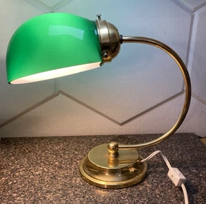 Vintage Brass Bankers Desk Goose Neck Lamp Green Glass Shade Tested Works - Picture 1 of 3
