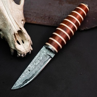 Hunt it Survival Knife 7.11" Half Tang Bushcraft Damascus /Carbon Steel + Sheath - Image 1 of 4